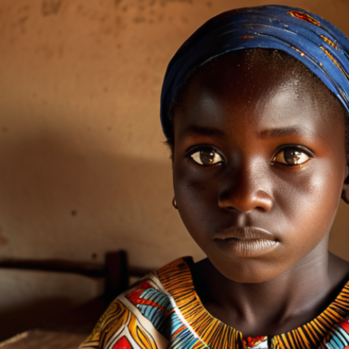 **

A young Burkinabè girl in school, looking determined and hopeful, but with a shadow of inequality looming over her, representing the limited access to education and societal pressures. Focus on warm lighting and traditional African fabrics.

**
