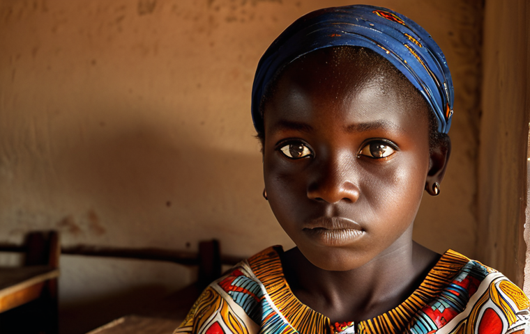 **
A young Burkinabè girl in school, looking determined and hopeful, but with a shadow of inequality looming over her, representing the limited access to education and societal pressures. Focus on warm lighting and traditional African fabrics.
**