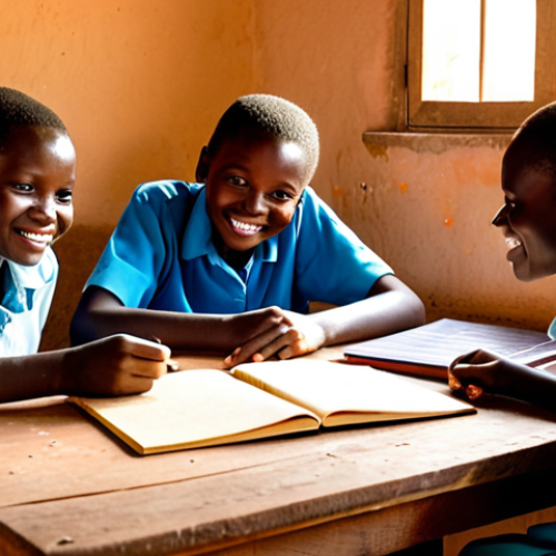 A group of diverse children happily studying around a simple wooden table, illuminated by the soft, warm glow of a solar-powered lamp in a modest rural classroom in Burkina Faso. Outside the window, a small solar panel is visible, symbolizing sustainable development. The children are fully clothed in appropriate, modest attire, engaged in their learning.