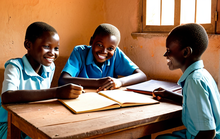 A group of diverse children happily studying around a simple wooden table, illuminated by the soft, warm glow of a solar-powered lamp in a modest rural classroom in Burkina Faso. Outside the window, a small solar panel is visible, symbolizing sustainable development. The children are fully clothed in appropriate, modest attire, engaged in their learning.