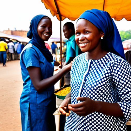 **Prompt:** A resilient Burkinabé woman, fully clothed in modest, vibrant West African traditional attire, expertly selling local street food from a clean, well-organized stall at a bustling outdoor market in Ouagadougou. She is depicted with a warm, welcoming expression, engaging with a customer. The scene is bathed in natural, bright sunlight, showcasing blurred market activity with other vendors and passersby in the background. Perfect anatomy, correct proportions, natural pose, well-formed hands, proper finger count, natural body proportions, appropriate attire, safe for work, appropriate content, family-friendly, professional photography, high quality, realistic details.
