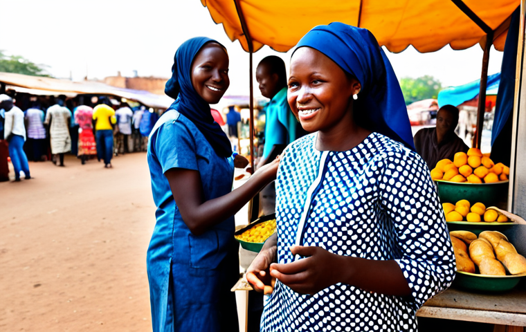 **Prompt:** A resilient Burkinabé woman, fully clothed in modest, vibrant West African traditional attire, expertly selling local street food from a clean, well-organized stall at a bustling outdoor market in Ouagadougou. She is depicted with a warm, welcoming expression, engaging with a customer. The scene is bathed in natural, bright sunlight, showcasing blurred market activity with other vendors and passersby in the background. Perfect anatomy, correct proportions, natural pose, well-formed hands, proper finger count, natural body proportions, appropriate attire, safe for work, appropriate content, family-friendly, professional photography, high quality, realistic details.