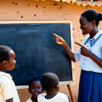 A compassionate volunteer, fully clothed in modest, light-colored professional attire, is teaching a group of eager children in a rustic, sun-drenched village school in rural Burkina Faso. The volunteer stands beside a blackboard, pointing to a lesson, while the children, also fully clothed in appropriate attire, listen attentively. The background shows simple mud-brick buildings and a clear blue sky. The scene emphasizes positive learning and community support. Safe for work, appropriate content, family-friendly, perfect anatomy, correct proportions, natural pose, well-formed hands, proper finger count, natural body proportions, professional photography, high quality.