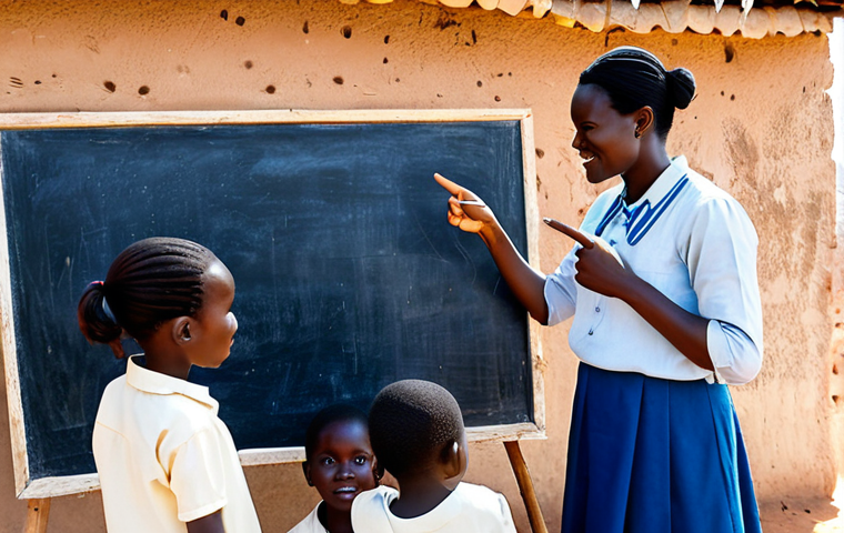 A compassionate volunteer, fully clothed in modest, light-colored professional attire, is teaching a group of eager children in a rustic, sun-drenched village school in rural Burkina Faso. The volunteer stands beside a blackboard, pointing to a lesson, while the children, also fully clothed in appropriate attire, listen attentively. The background shows simple mud-brick buildings and a clear blue sky. The scene emphasizes positive learning and community support. Safe for work, appropriate content, family-friendly, perfect anatomy, correct proportions, natural pose, well-formed hands, proper finger count, natural body proportions, professional photography, high quality.