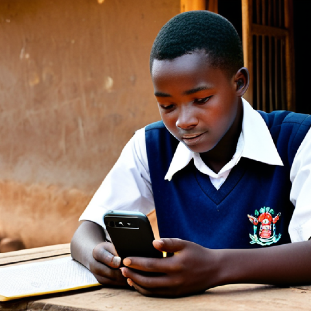 부르키나파소의 유튜브 및 SNS 활용도 - Student Learning on YouTube**
"A young Burkinabè student, fully clothed in modest school uniform, a...