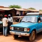 부르키나파소에서 자동차 구입 및 유지비용 - A photo-realistic image depicting a bustling used car market scene in Ouagadougou, Burkina Faso. Sev...