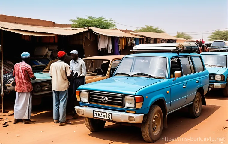 부르키나파소에서 자동차 구입 및 유지비용 - A photo-realistic image depicting a bustling used car market scene in Ouagadougou, Burkina Faso. Sev...